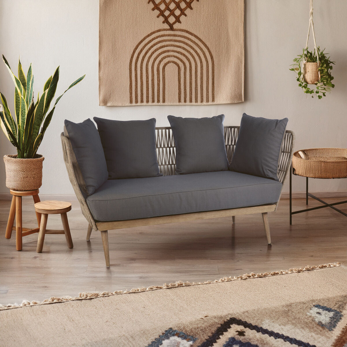 Opus Natural Woven Rope 2 Seater Sofa with Grey Cushions