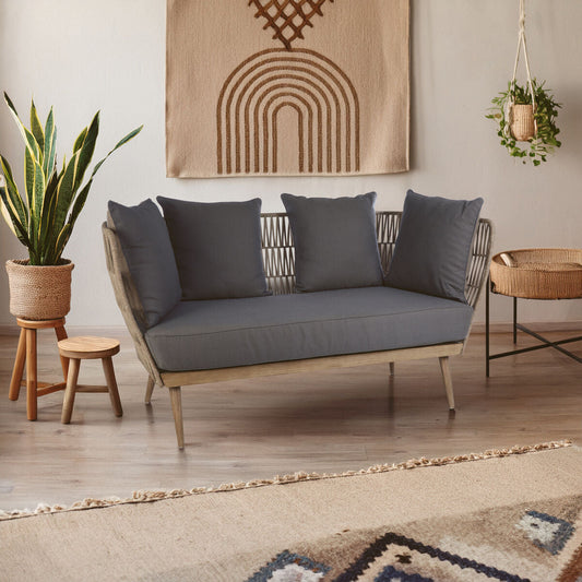 Opus Natural Woven Rope 2 Seater Sofa with Grey Cushions