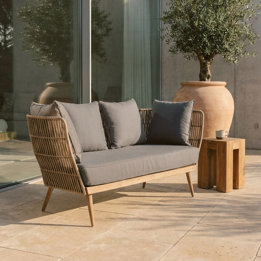 Opus Natural Woven Rope 2 Seater Sofa with Grey Cushions