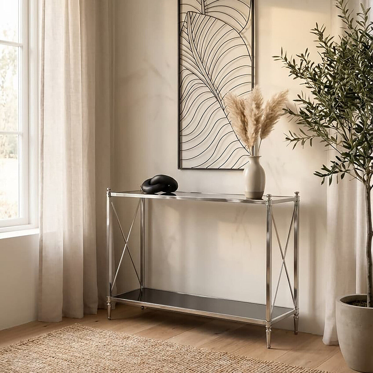 Hoffmann Black Glass and Nickel Finish Console Table