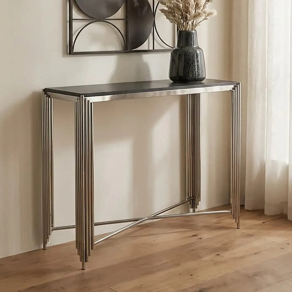 Clarice Black Granite Console Table with Silver Finish Base