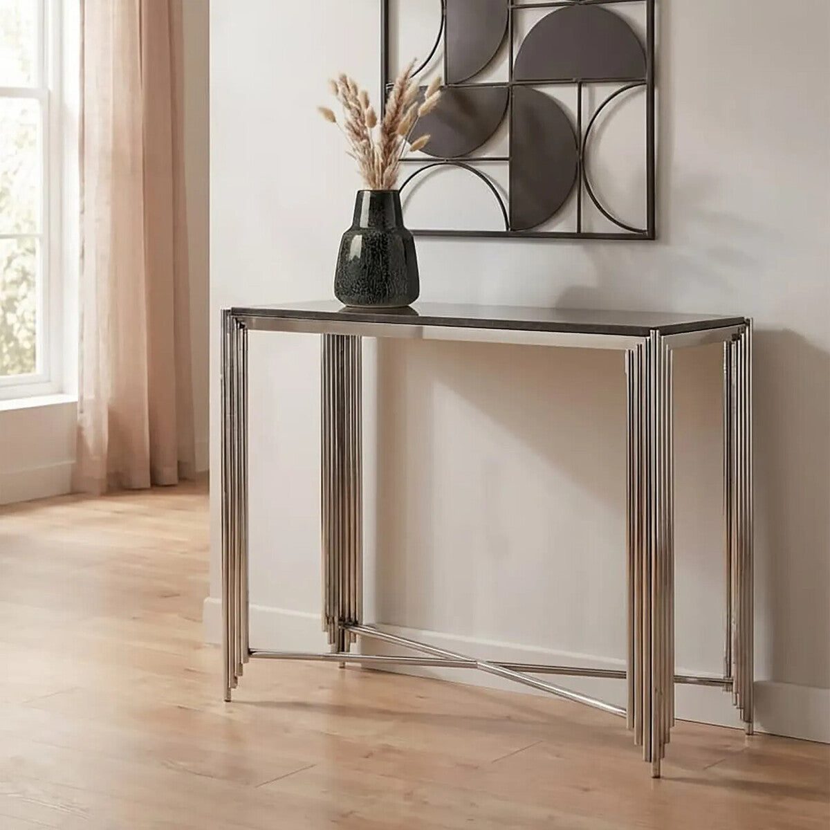 Clarice Black Granite Console Table with Silver Finish Base