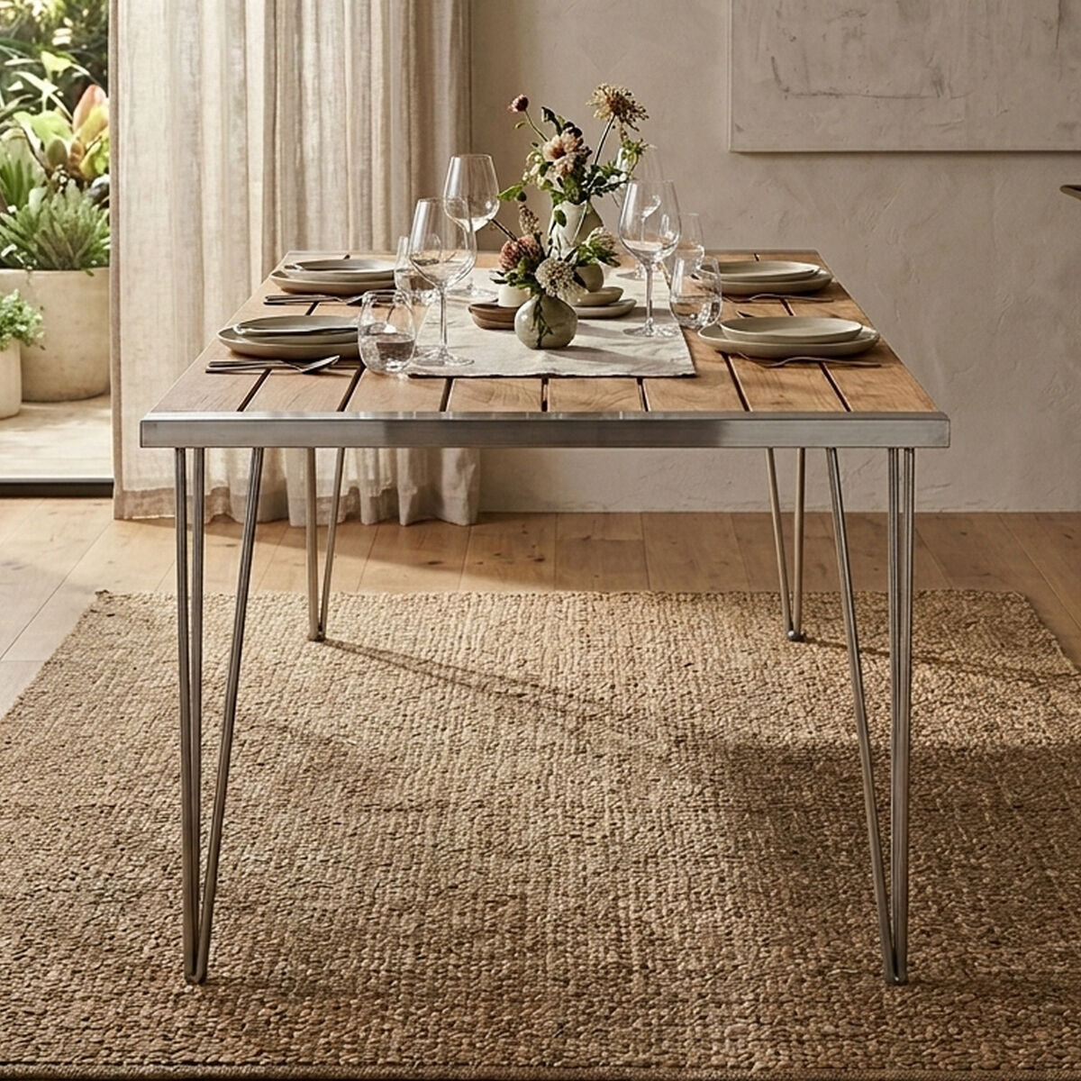Nandri Natural Teak Wood Slatted Rectangular Dining Table