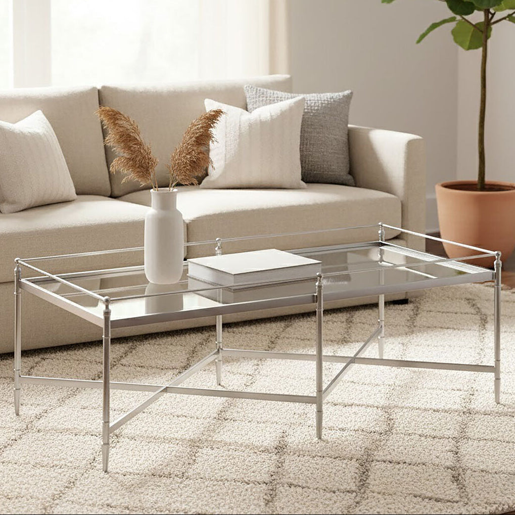 Mirrored Glass Coffee Table with Silver Cross Frame | Zach