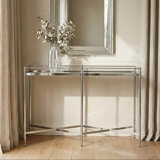 Mirrored Glass Console Table with Silver Cross Frame