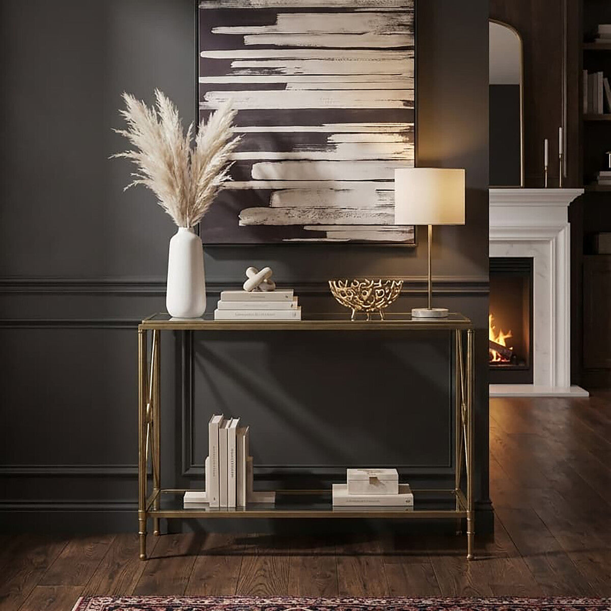 Axis Clear Glass 2 Tier Console Table with Gold Finish Frame