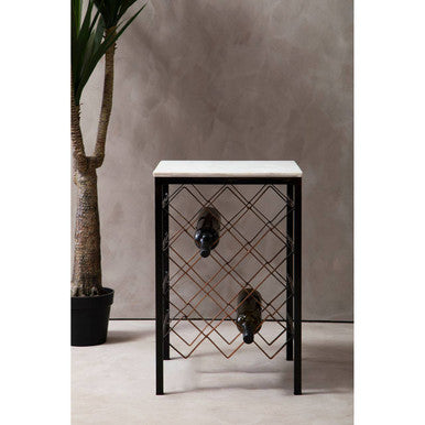 Templar White Marble and Bronze Finish Table with Wine Rack