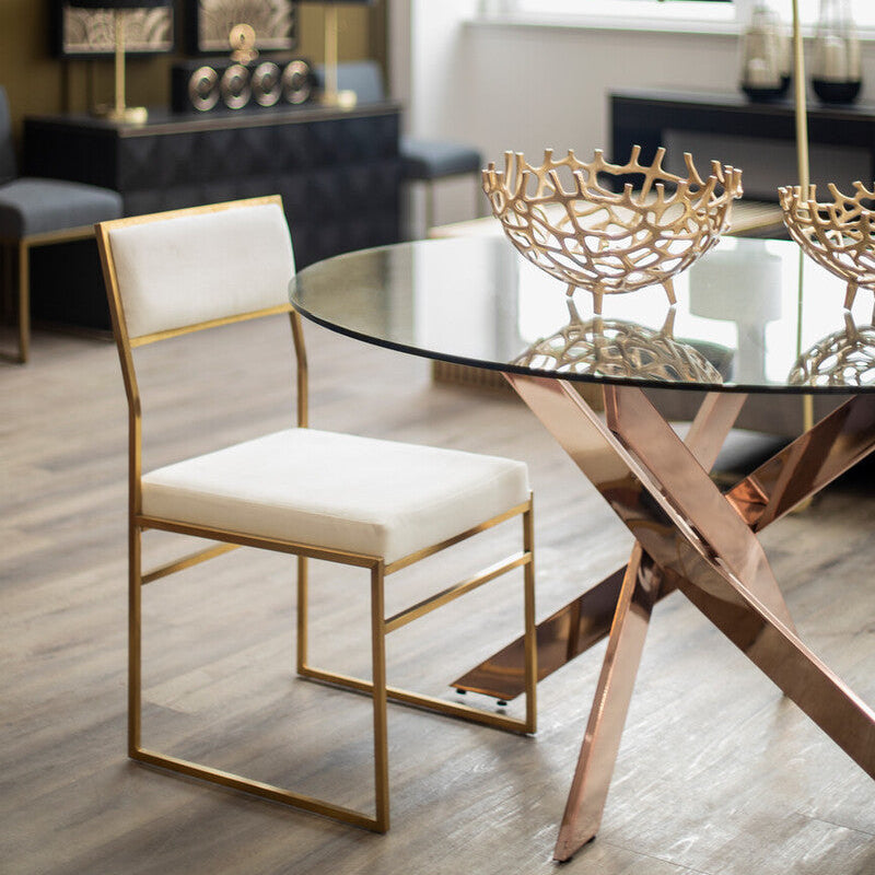 Mian Milky White Velvet and Brushed Gold Finish Dining Chair