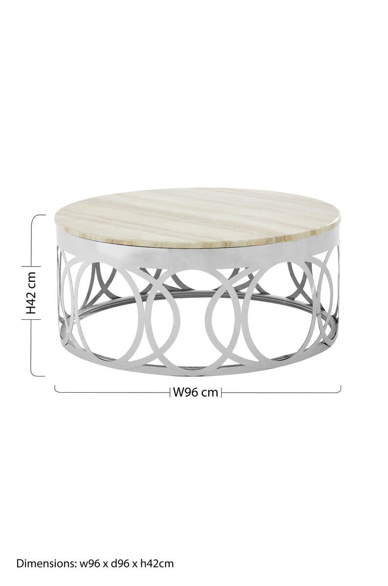 White Marble Top Coffee Table with Silver Stainless Steel Circular Base | Yasmin