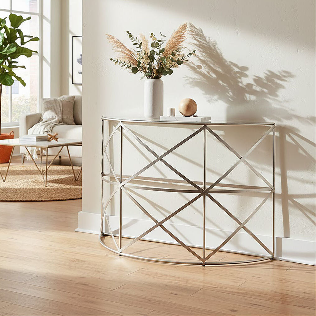 Rubia Clear Glass and Silver Finish Half Moon Console Table