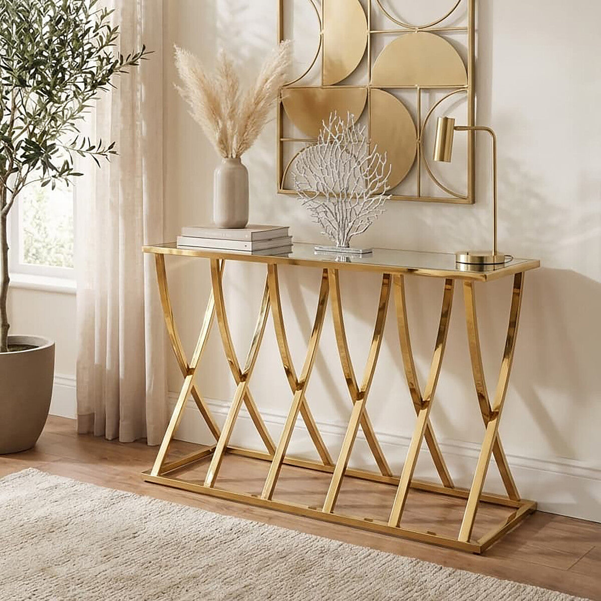 Reena Mirrored Top and Gold Finish Console Table