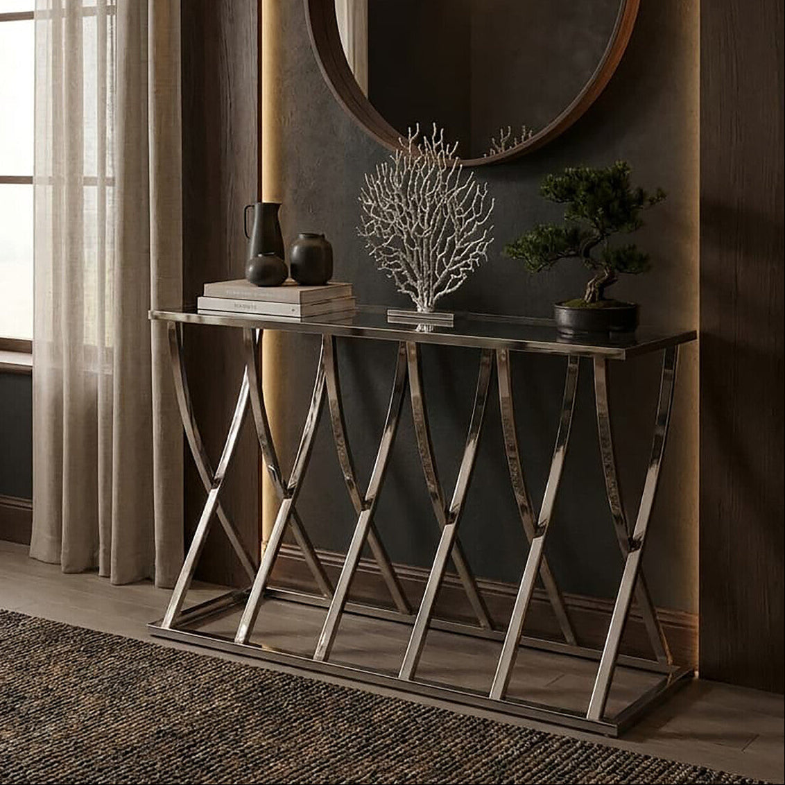Reena Mirrored Top and Chrome Finish Console Table