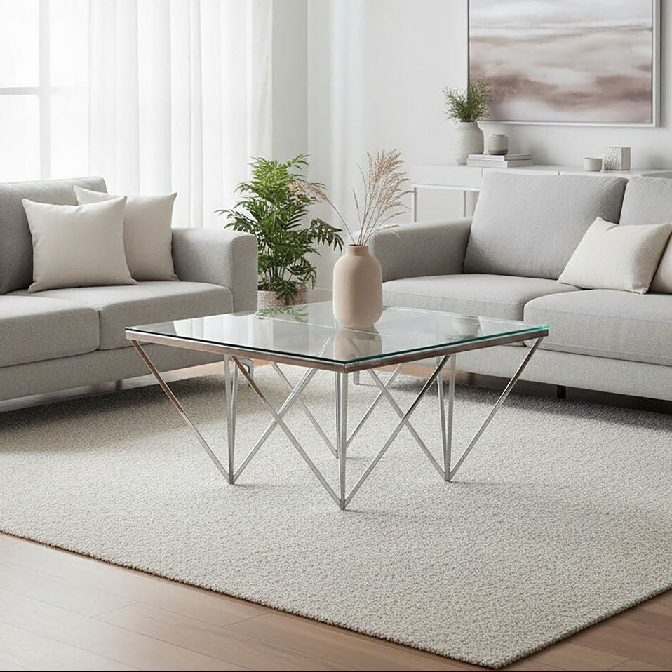 Allure Clear Glass Square Coffee Table with Silver Finish Base