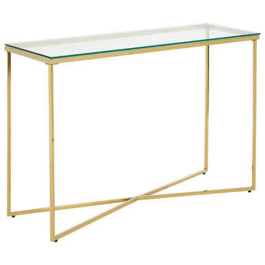 Allure Clear Glass Console Table with Gold Finish Cross Frame