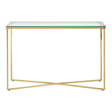 Allure Clear Glass Console Table with Gold Finish Cross Frame