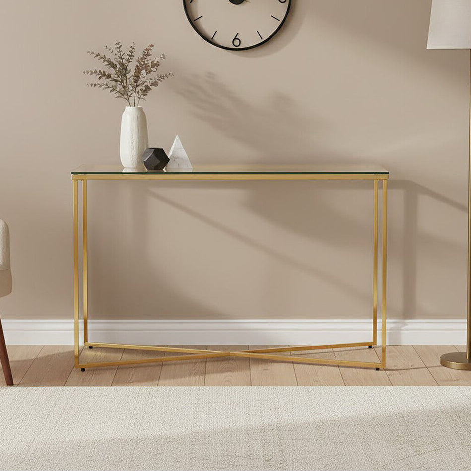 Allure Clear Glass Console Table with Gold Finish Cross Frame
