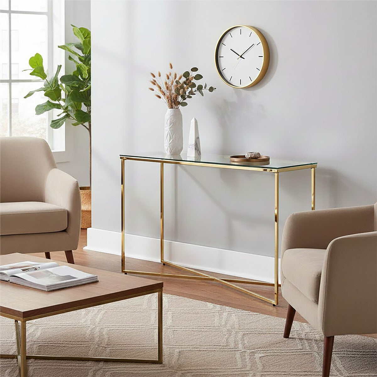 Allure Clear Glass Console Table with Gold Finish Cross Frame