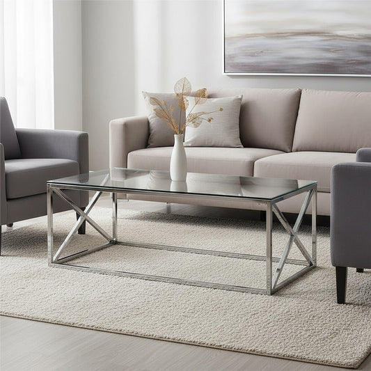 Clear Glass Coffee Table with Silver Finish Frame