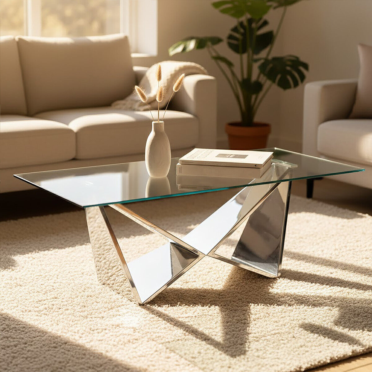 Allure Silver Finish Rectangular Coffee Table with Wing Base