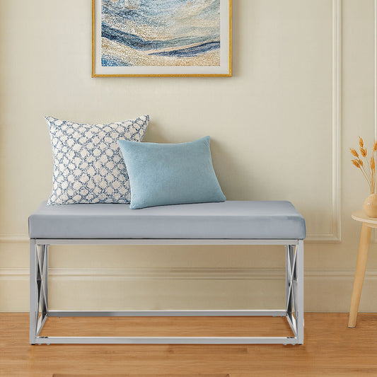 Allure Powder Blue Velvet Bench with Silver Finish Base