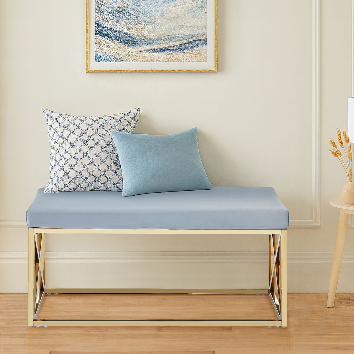 Allure Powder Blue Velvet Bench with Gold Finish Base