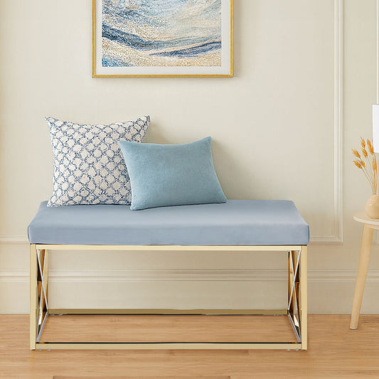 Allure Powder Blue Velvet Bench with Gold Finish Base
