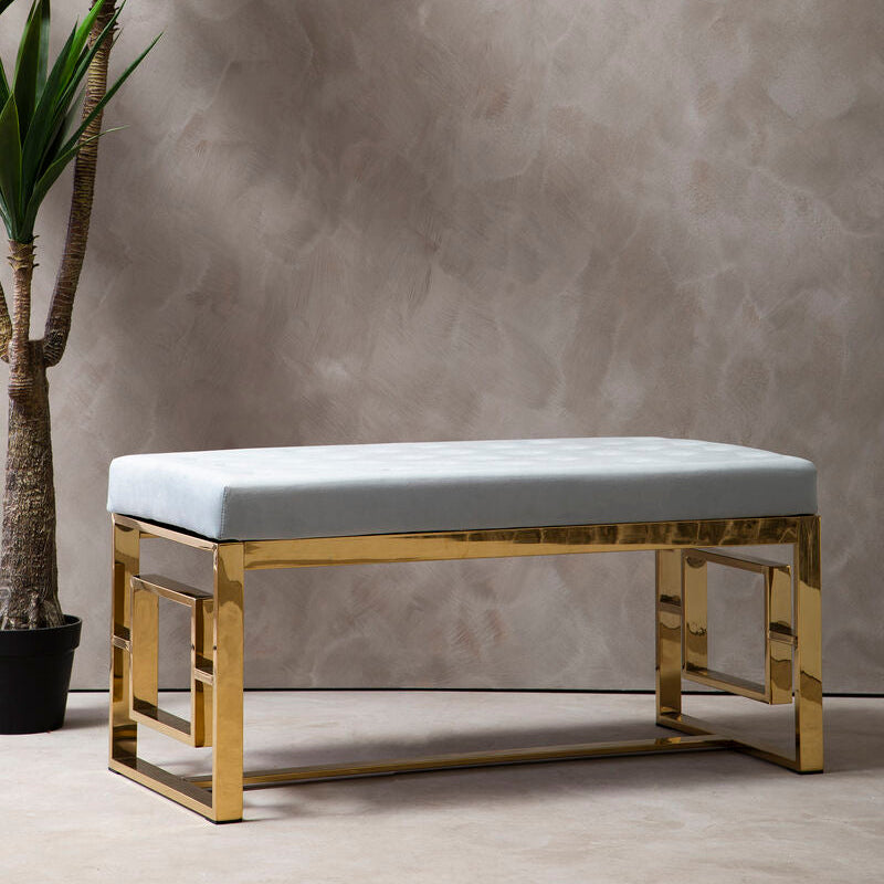 Allure Powder Grey Velvet Bench with Gold Finish Base