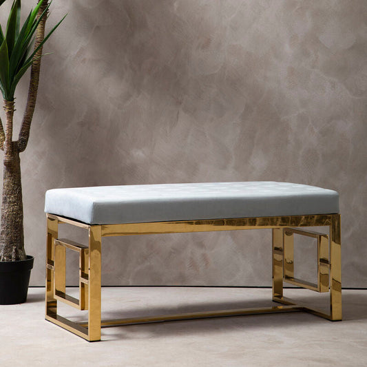 Allure Powder Grey Velvet Bench with Gold Finish Base