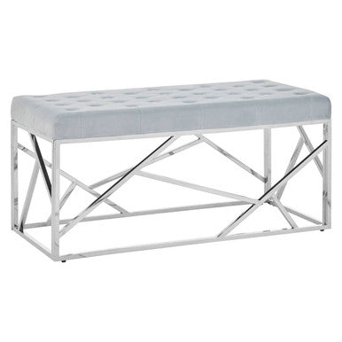 Allure Powder Blue Velvet Bench with Geometric Silver Finish Base