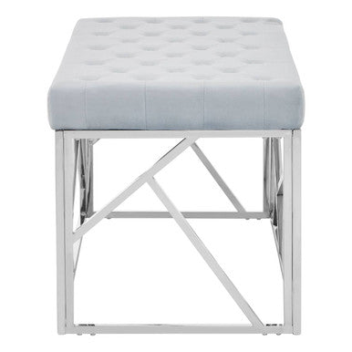 Allure Powder Blue Velvet Bench with Geometric Silver Finish Base