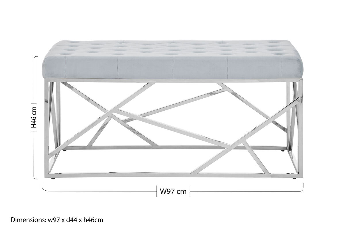 Allure Powder Blue Velvet Bench with Geometric Silver Finish Base