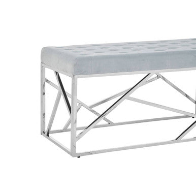 Allure Powder Blue Velvet Bench with Geometric Silver Finish Base