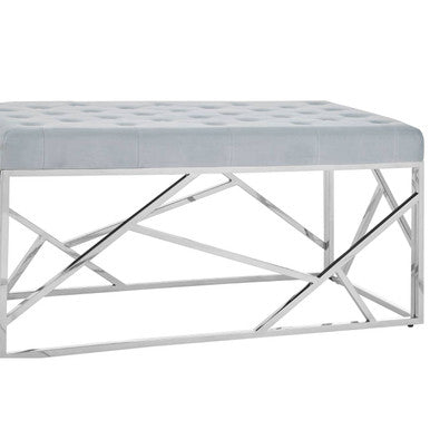 Allure Powder Blue Velvet Bench with Geometric Silver Finish Base