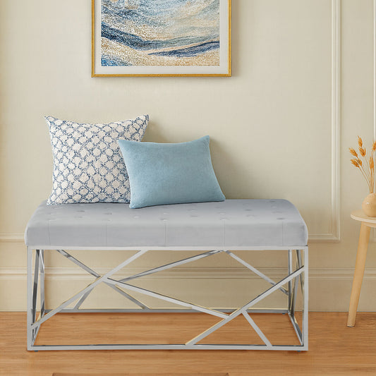 Allure Powder Blue Velvet Bench with Geometric Silver Finish Base