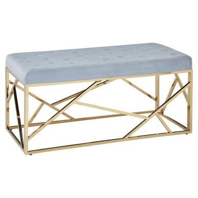Allure Powder Blue Velvet Bench with Geometric Gold Finish Base