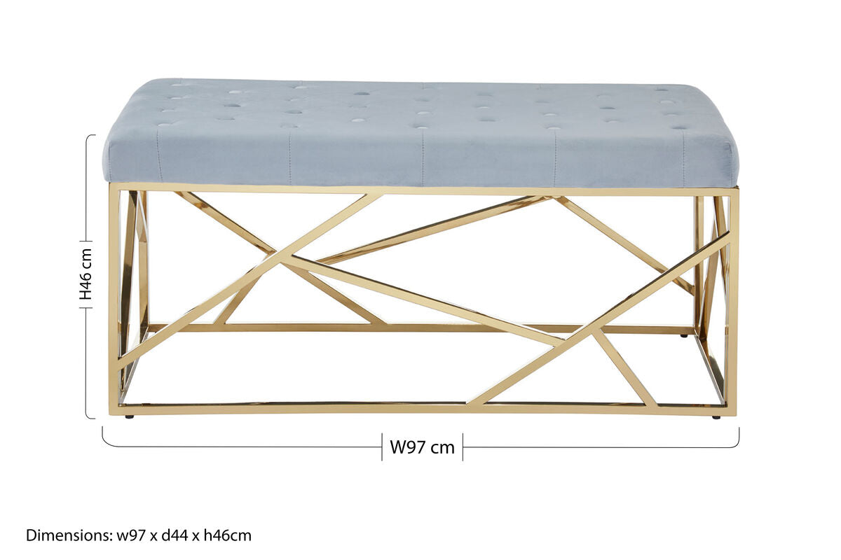 Allure Powder Blue Velvet Bench with Geometric Gold Finish Base