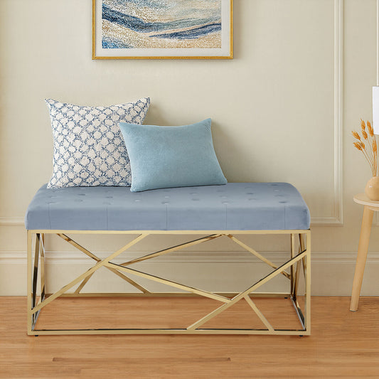 Allure Powder Blue Velvet Bench with Geometric Gold Finish Base