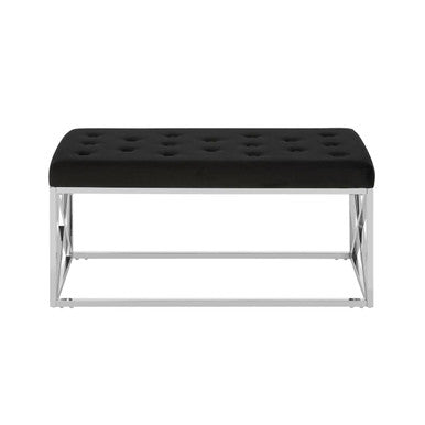 Allure Black Velvet Tufted Bench with Silver Finish Base