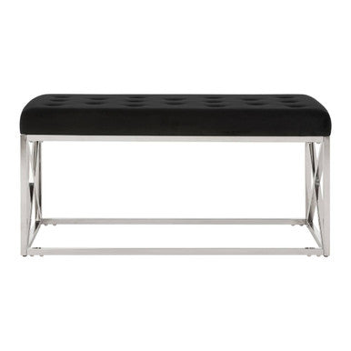 Allure Black Velvet Tufted Bench with Silver Finish Base