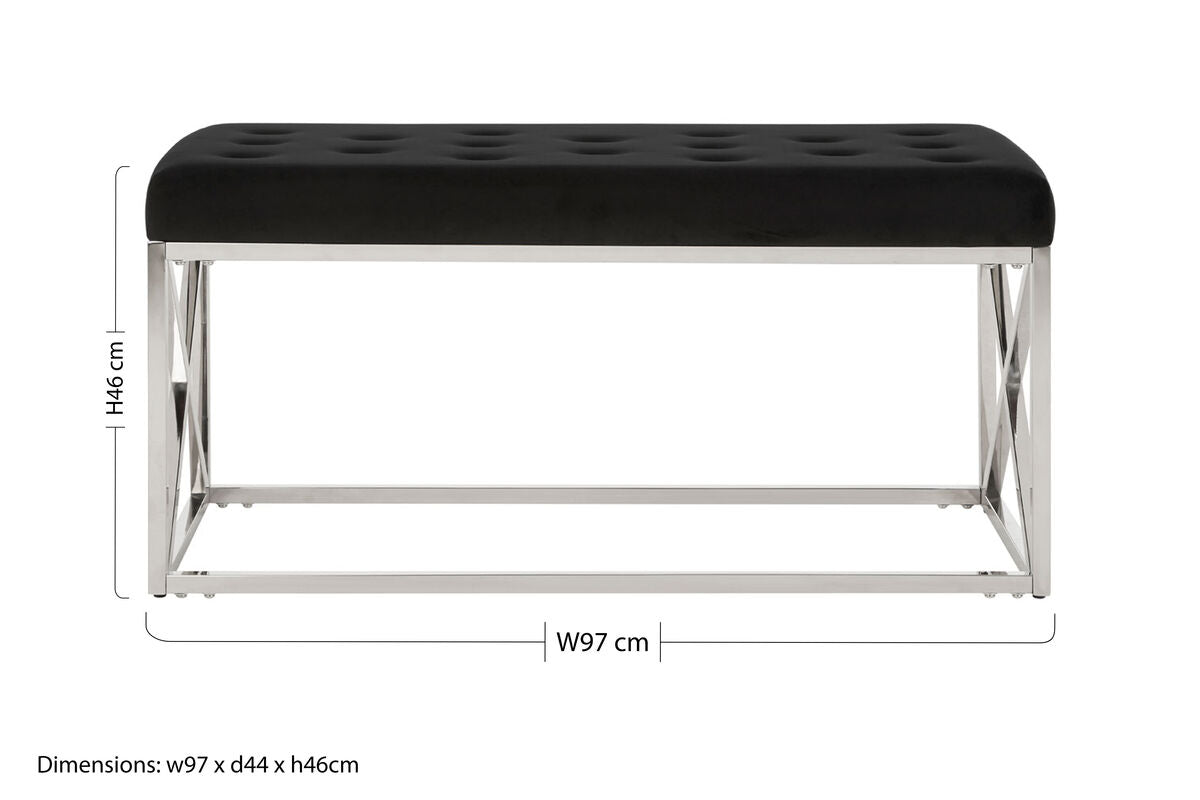 Allure Black Velvet Tufted Bench with Silver Finish Base