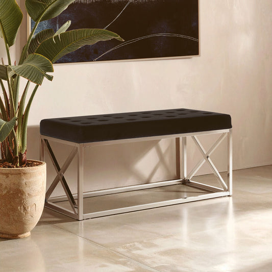 Allure Black Velvet Tufted Bench with Silver Finish Base