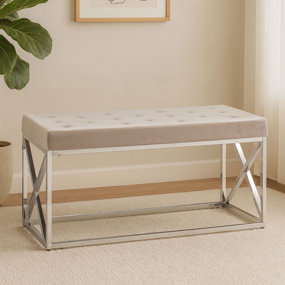 Allure Mink Velvet Bench with Silver Finish Base