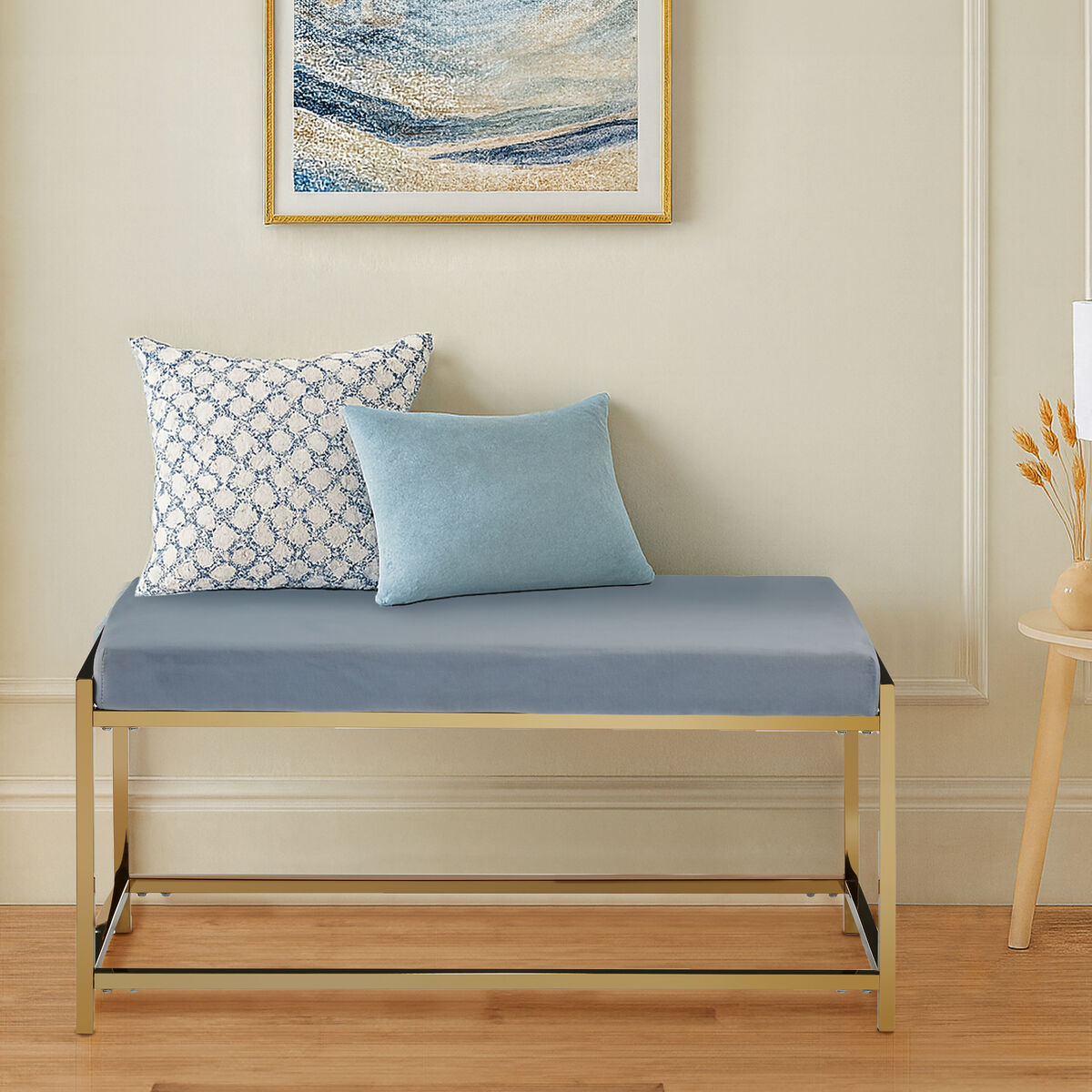 Allure Powder Blue Velvet Bench with Gold Finish Frame