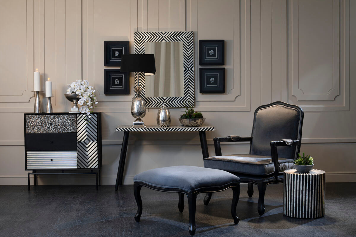 Boho Black and White Bone Inlay Acacia Wood Console Table