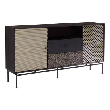 Boho Black Patterned Mango Wood 2 Door Sideboard with Drawers