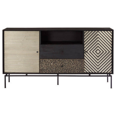 Boho Black Patterned Mango Wood 2 Door Sideboard with Drawers
