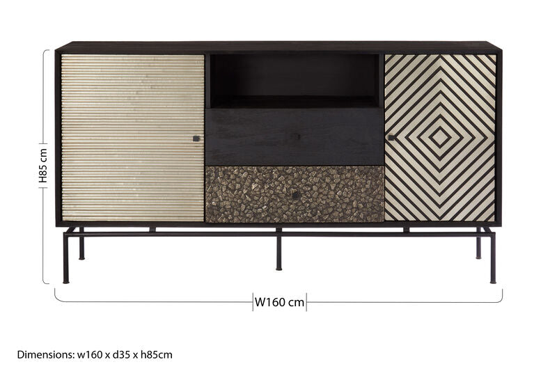 Boho Black Patterned Mango Wood 2 Door Sideboard with Drawers