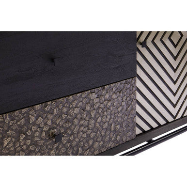 Boho Black Patterned Mango Wood 2 Door Sideboard with Drawers