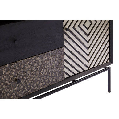 Boho Black Patterned Mango Wood 2 Door Sideboard with Drawers