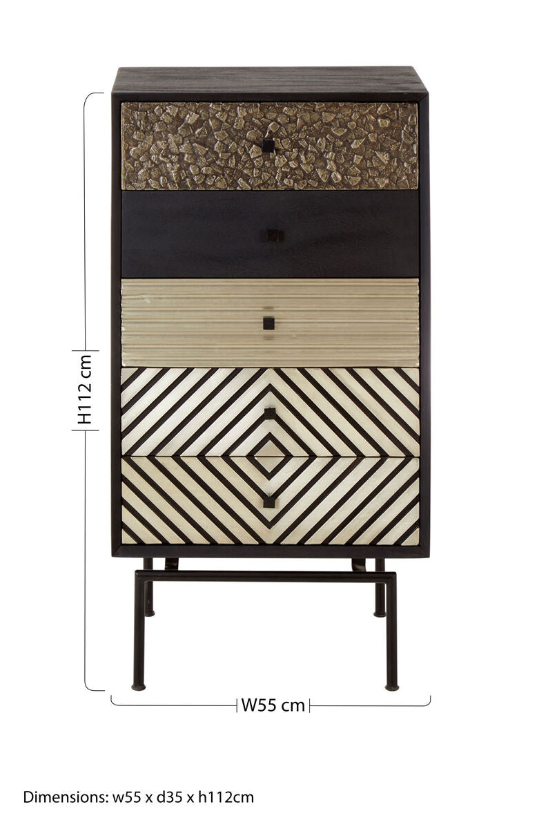 Boho Brown Mango Wood 5 Drawer Chest with Diamond Pattern
